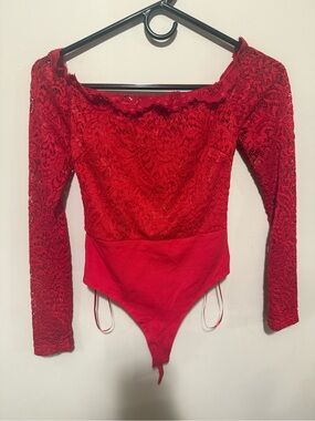 Fashion Nova Red Lace Long Sleeve Bandeau Bodysuit